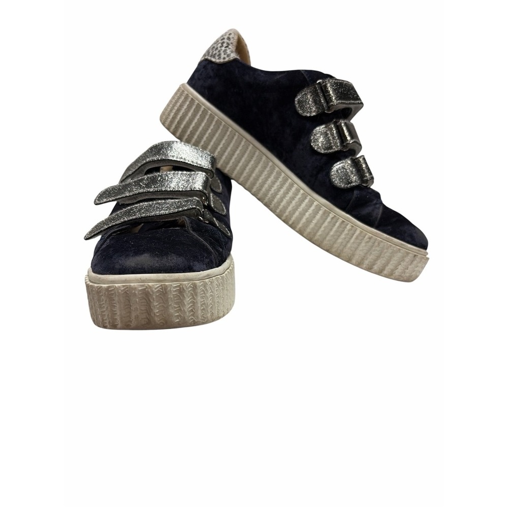 Vanessa Wu Platform Sneakers Womens 38 Navy Suede Silver Glitter Straps Bolt